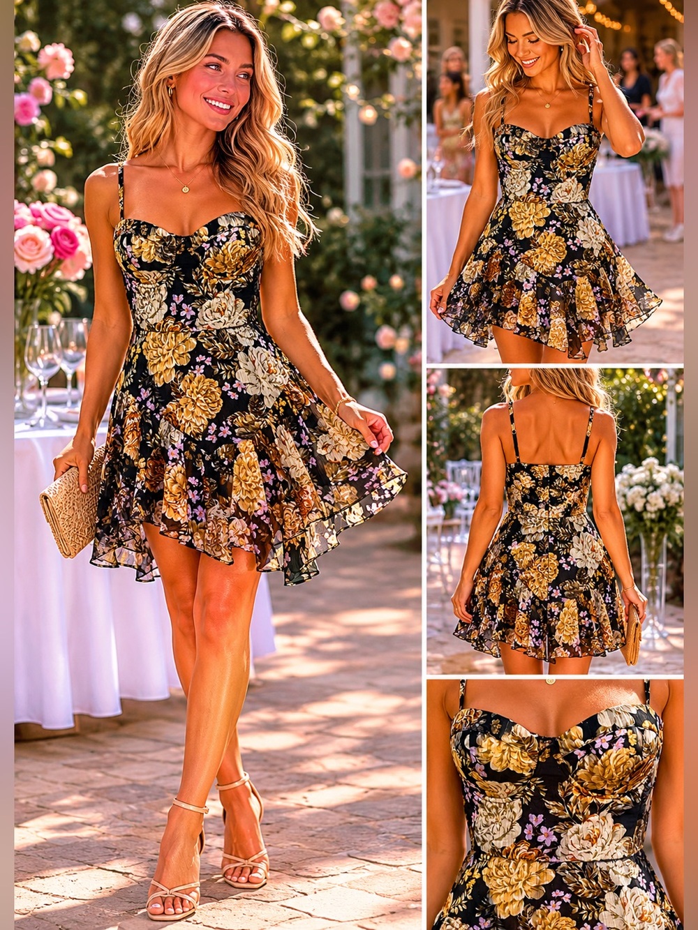 Akira Floral Bustier Mini Dress Romper Skort Black Gold Cottagecore Party S Boho